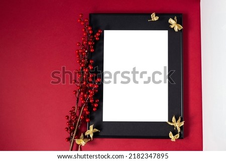 White picture frame with decorations. Mock up for your photo or text. Place your work, print art, white background, pastel color book. Photo realistic 3d illustration. Christmas interior decoration