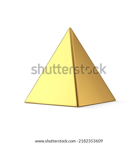 Golden luxury polygonal geometric figure shape metallic glossy isometric triangle pyramid with shadow vector illustration. Realistic 3d template expensive jewelry geometry indoor decor design isolated