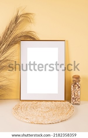 Gold picture frame with decorations. Mock up for your photo or text. Place your work, print art, white background, pastel color book. Photo realistic 3d illustration
