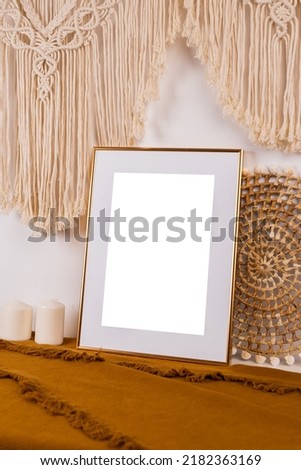 Gold picture frame with decorations. Mock up for your photo or text. Place your work, print art, white background, pastel color book. Photo realistic 3d illustration