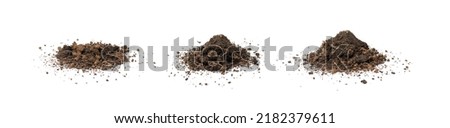 Peat soil isolated. Dried dry dirt, ground pile, manure soil, arid dirt, natural black turf, dirty earth texture on white background side view Royalty-Free Stock Photo #2182379611