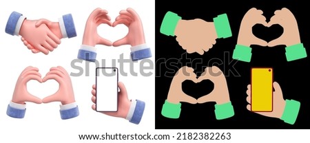 Hands set in different poses 3d render icons on white with alpha