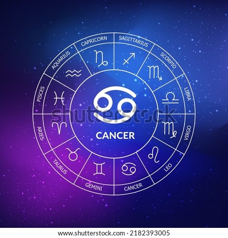 Cancer zodiac sign. Zodiac circle on a dark blue background of the space. Astrology. Cosmogram. twelve signs of the zodiac. Vector illustration