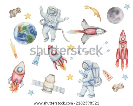 Watercolor illustration of hand painted spacemen, spaceship, spacecraft, satellite, rocket with fire, planet earth, moon, stars. Ursa Major. Isolated on white space clip art for pattern making, cards