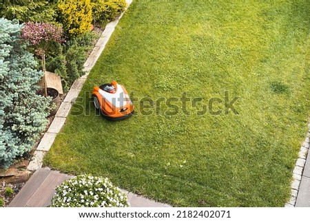 robotic lawn mower, automatic lawn mower, grass lawn mower Royalty-Free Stock Photo #2182402071