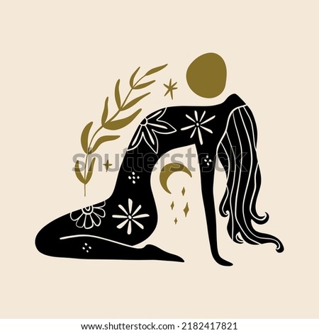 Divine goddess vector clipart illustration. Boho sacred magic woman. Mystical symbol flat holistic art. Healing meditation Reiki concept. New Age concept modern abstract silhouette. Royalty-Free Stock Photo #2182417821