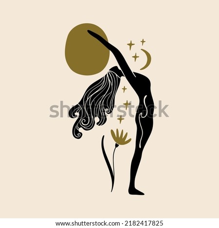 Divine goddess vector clipart illustration. Boho sacred magic woman. Mystical symbol flat holistic art. Healing meditation Reiki concept. New Age concept modern abstract silhouette. Royalty-Free Stock Photo #2182417825