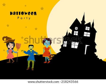 Halloween party night celebration with haunted house and little kids in vampire outfits on yellow and beige background. 