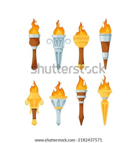 Set of Flaming Torchlight, Burning Torch, Medieval Brand With Fire. Ancient Flambeau With Metal And Wooden Handle And Flame. Ui Element For Game, Lighting Lantern Assets. Isolated Cartoon Vector Icons