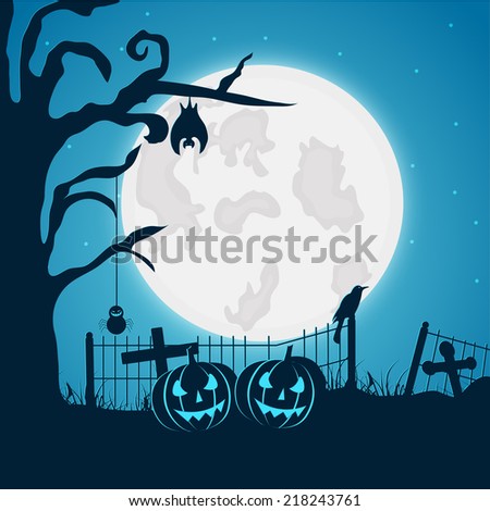 Scary full moon light night poster. banner or flyer design with scary pumpkins and dead trees on blue background for Halloween party night celebration. 