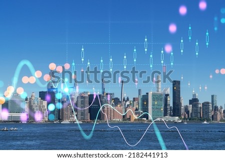 New York City skyline, United Nation headquarters over East River, Manhattan, Midtown at day time, NYC, USA. Forex graph hologram. The concept of internet trading, brokerage and fundamental analysis