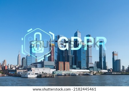 New York City skyline from New Jersey over the Hudson River towards the Hudson Yards at day. Manhattan, Midtown. GDPR hologram, concept of data protection, regulation and privacy for all individuals