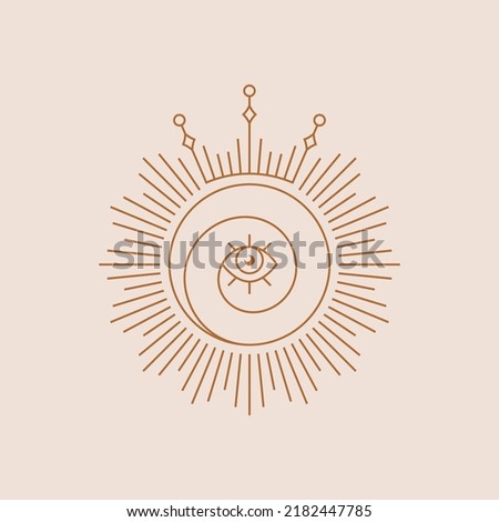 Spiritual boho logo. Sun line symbol with eye and crown. Isolated vector illustration. Design element for magic, esoteric, celestial, astrology, and other themes. Royalty-Free Stock Photo #2182447785