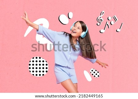 Creative collage image of cheerful carefree girl enjoy listen new playlist drawing melody notes isolated on painted background