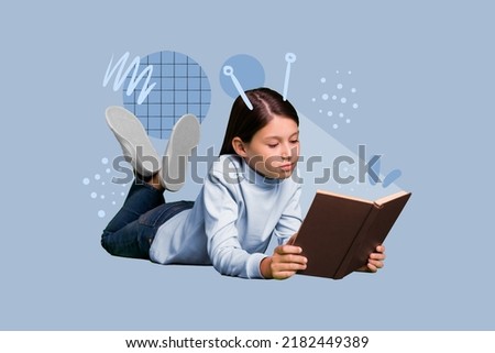 Composite collage picture of intelligent little girl laying hold read book fantasize isolated on drawing background