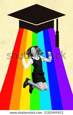 Vertical composite collage picture of delighted cheerful girl black white gamma raise fists triumph painted big mortarboard rainbow