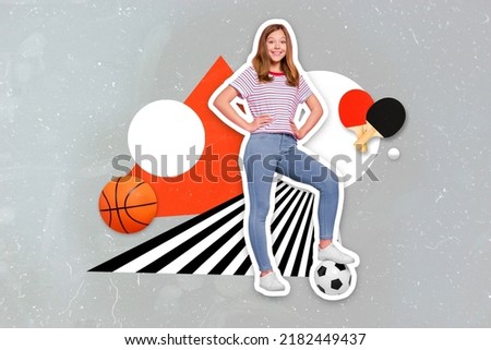 Creative collage picture of positive cheerful girl out hands waist sport ad football basketball ping pong painted background