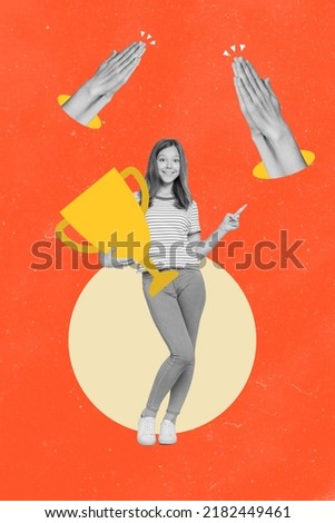 Vertical collage portrait of happy smiling girl black white colors hold painted cup point finger empty space big arms applaud clapping Royalty-Free Stock Photo #2182449461