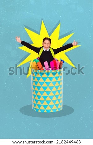Vertical collage picture of excited funky small girl inside colorful markers cup isolated on creative background