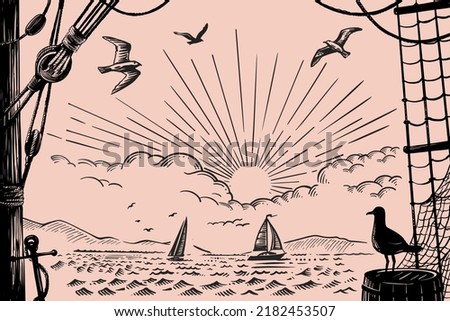 Yachts on sea. Hand drawn nautical seascape