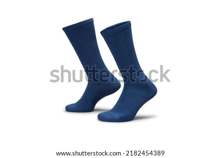 Pair of blue cotton socks isolated on white. Set of short socks for sports as mock up and label for advertising, logo, branding.
