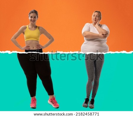 Comparison and contrast. Creative artcollage with young slim girl and plus-size woman wearing sport uniform isolated on green orange background. Concept of healthy lifestyle, fitness, sport, nutrition Royalty-Free Stock Photo #2182458771