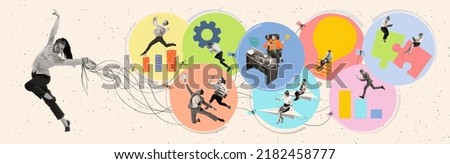 Adaptation in new team, Contemporary art collage with woman and people as employees working hardly isolated over white background, Concept of art, finance, career, co-workers. Flyer Royalty-Free Stock Photo #2182458777