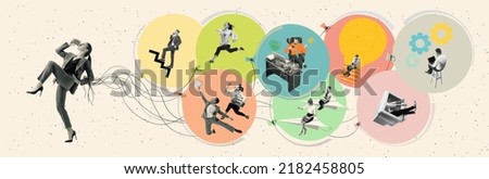 Team building. Contemporary art collage with woman and people as employees working hardly isolated over white background, Concept of art, finance, career, co-workers, team. Flyer