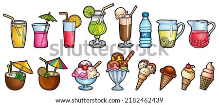 Cartoon set of doodle beverages, ice cream, fruits. Summer beach food and drinks vector funny illustration. Isolated on white background