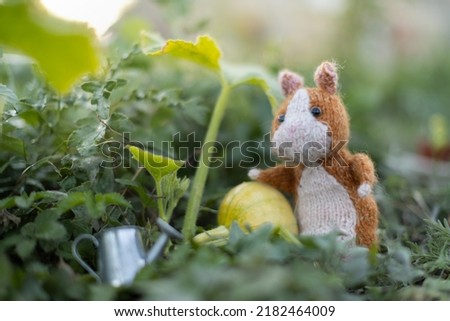 Guinea pig knitted toy - a farmer in the garden