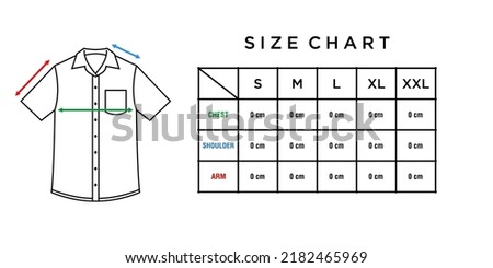 short sleeve shirt with button and collar sizing chart table Vector illustration . shirt Size Guide infographic For Men.