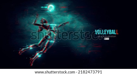 Abstract silhouette of a volleyball player on blue background. Volleyball player woman hits the ball. Vector illustration