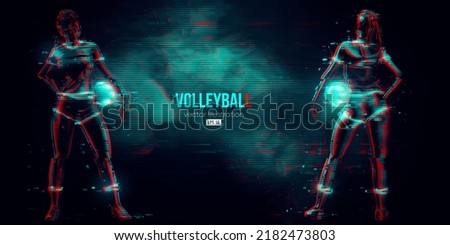 Abstract silhouette of a volleyball player on blue background. Volleyball player woman hits the ball. Vector illustration