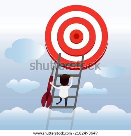 Goal, set business goal or objective, KPI, key performance indicator or set goal and achievement concept. ambitious businessman climbs the stairs to the big bow, archery target
