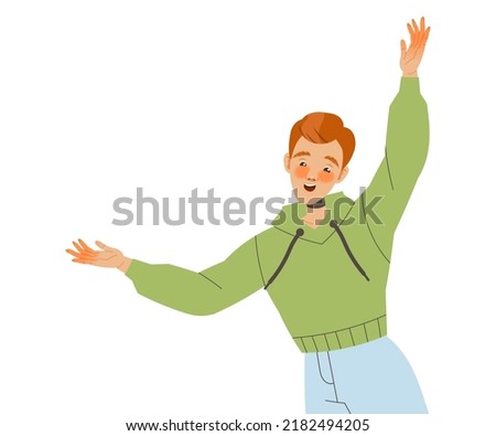 Positive Man Character with Raised Hands and Smiling Face Feeling Euphoric and in High Spirits Vector Illustration
