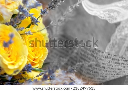 Still life of yellow roses and lavender bouquet flower on black and white, color card