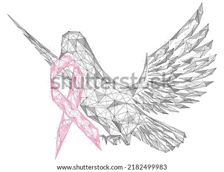 Pigeon with a pink ribbon in its beak. Polygonal design of lines and dots. White background.