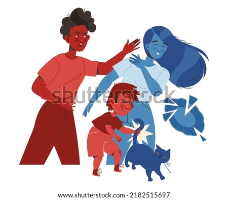 Man Aggressor Beating Woman Victim with Hand and Kid Pulling Cat Tail Vector Illustration