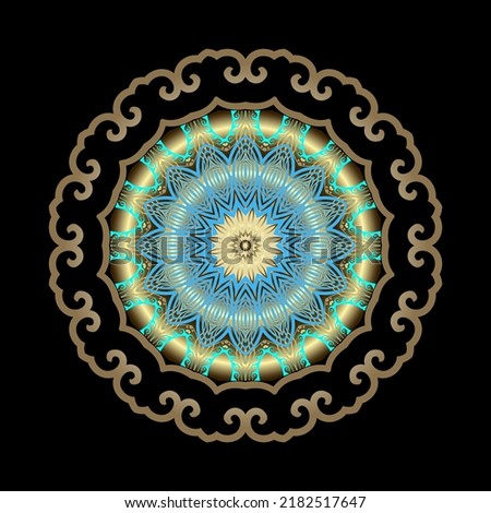 Mandala. Floral round ornament. Vector colorful pattern on black background. Vintage mandala. Beautiful ornament with golden frame, border. Ornamental design. Abstract ornate texture. Plate. Rosette.