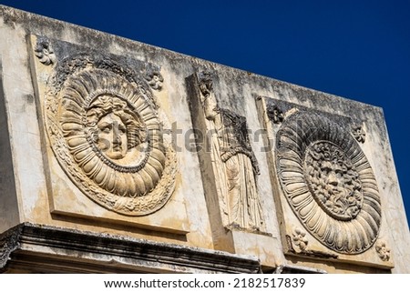 Portico of the Municipal Forum of Augusta Emerita in Merida, Extremadura in Spain. Royalty-Free Stock Photo #2182517839