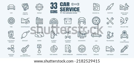 Car service icon set with editable stroke and white background. Auto service, car repair icon set. Car service and garage.  Royalty-Free Stock Photo #2182529415