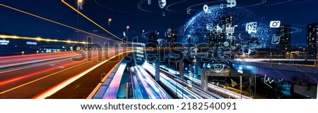 Modern city and communication network concept. IoT (Internet of Things). Smart city. Digital transformation. Wide image for banners, advertisements.