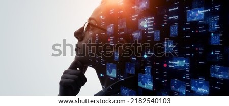 Human and technology concept. Digital transformation. AI (Artificial Intelligence). Wide image for banners, advertisements. Royalty-Free Stock Photo #2182540103