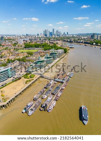 Aerial photo drought of River Thames London receding water levels