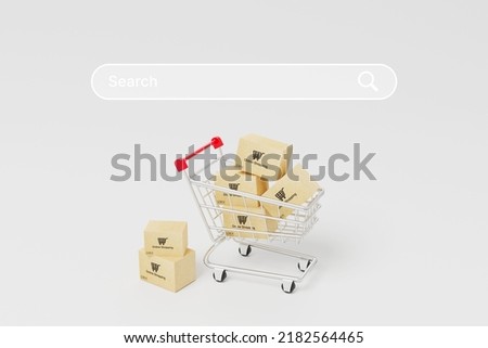 Online shopping concept. Web or mobile application ecommerce. Carton paper box in shopping cart on white background with search bar. 3d rendering