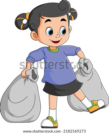 The little girl is carrying two big sacks trash and throw it of illustration