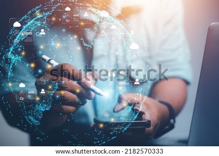 Connecting people's future Big data network through holograms, communicating and transmitting data online through cloud storage. future technology concept
 Royalty-Free Stock Photo #2182570333
