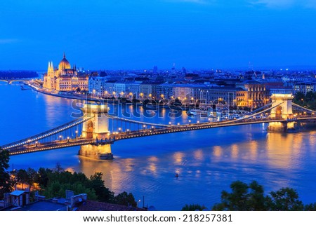 Panorama of Budapest, Hungary, with the Chain Bridge and the Parliament Royalty-Free Stock Photo #218257381