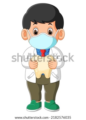 The dentist is wearing masker and holding a big tooth of illustration