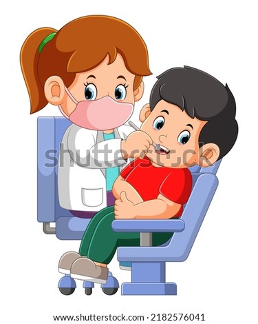 The boy is checked up his teeth by the dentist in clinic of illustration